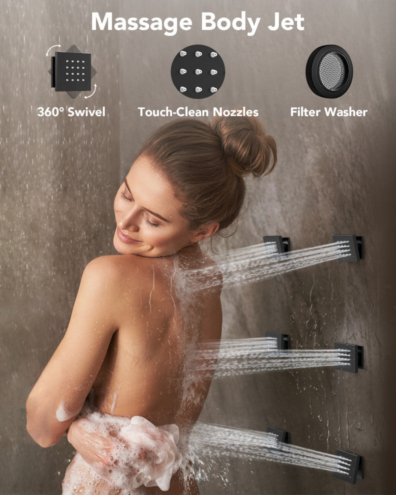 Digital Shower System 12" Rainfall Shower Head With 6 Body Jets, Matte Black