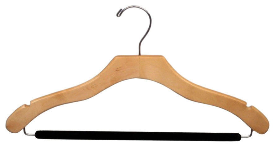 Wooden Suit Hanger With Velvet Bar, Natural/Chrome, Box of 100
