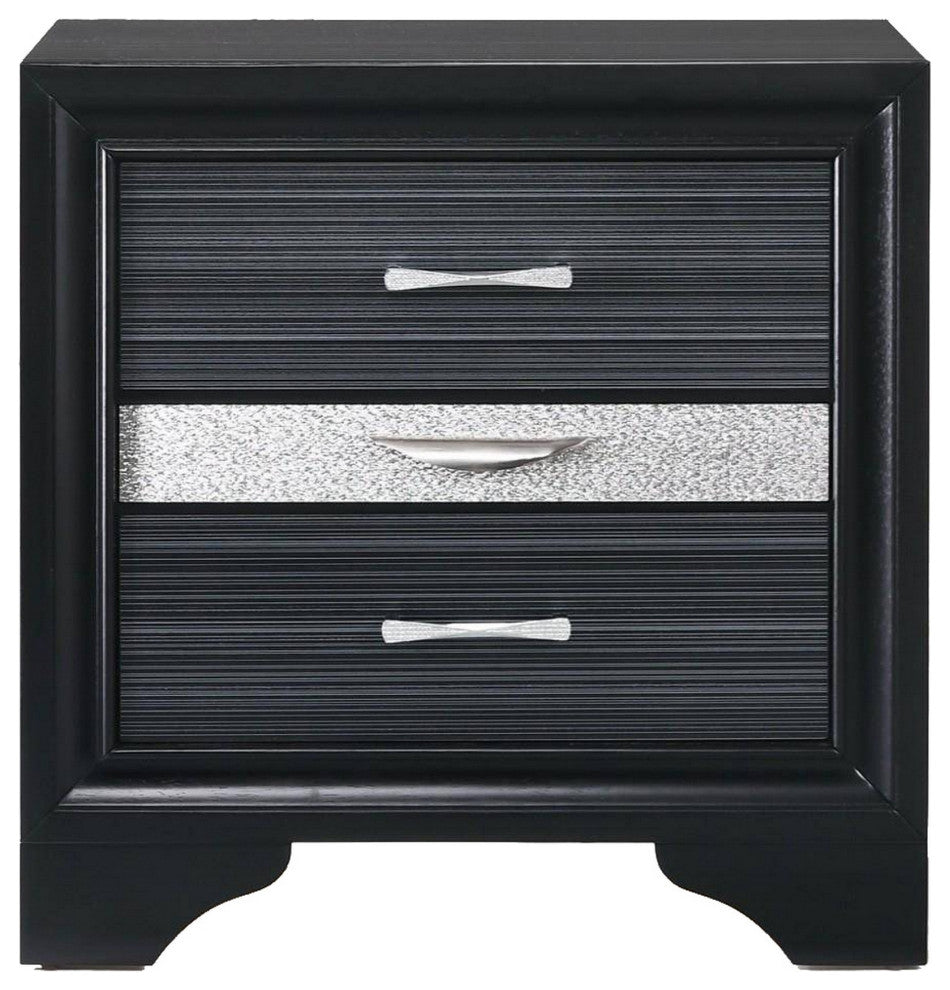 Two Tone Wooden Nightstand With Three Drawers, Black And Silver