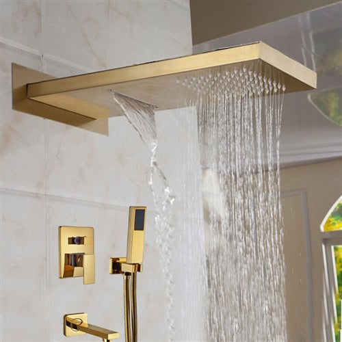 Gold Wall Mount Shower Set With Handheld Shower Head and Tub Faucet Spout