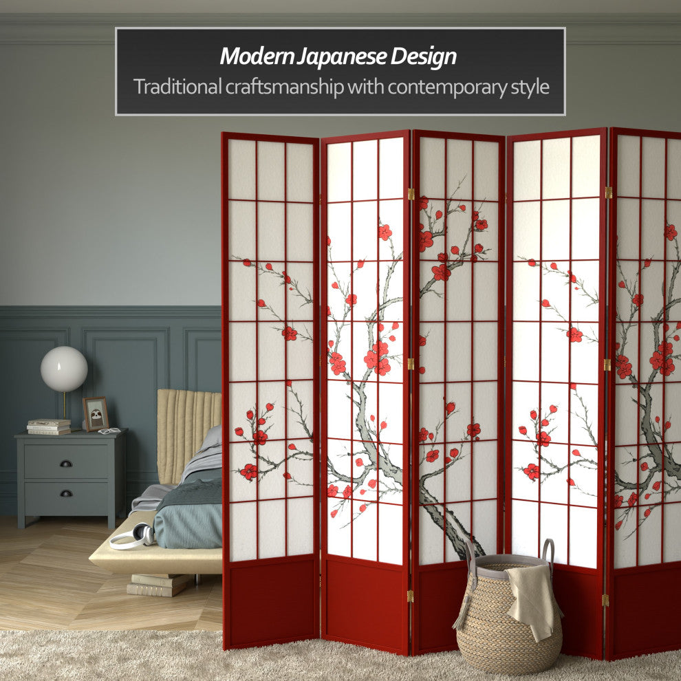 7' Tall Cherry Blossom Shoji Screen, Rosewood, 5 Panels