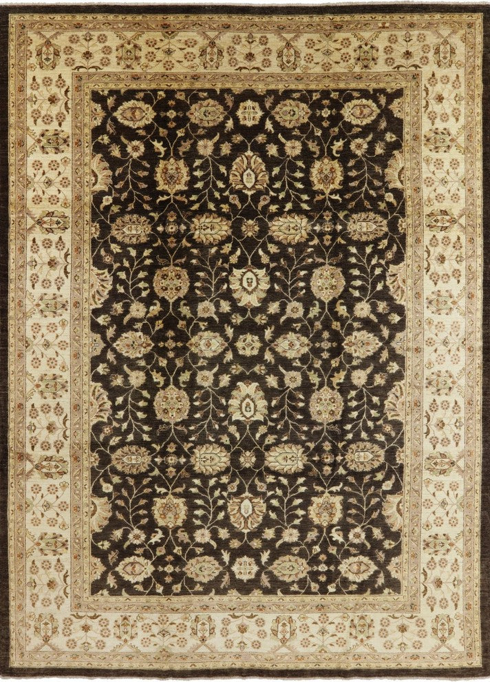 Peshawar Oriental Hand-Knotted Brown Oushak Chobi Wool Rug, 10'x14'
