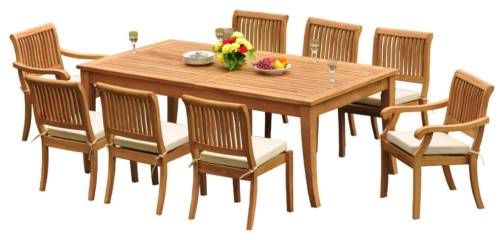 9-Piece Outdoor Teak Dining Set, 122" X-Large Rectangle Table, 8 Arbor Chairs