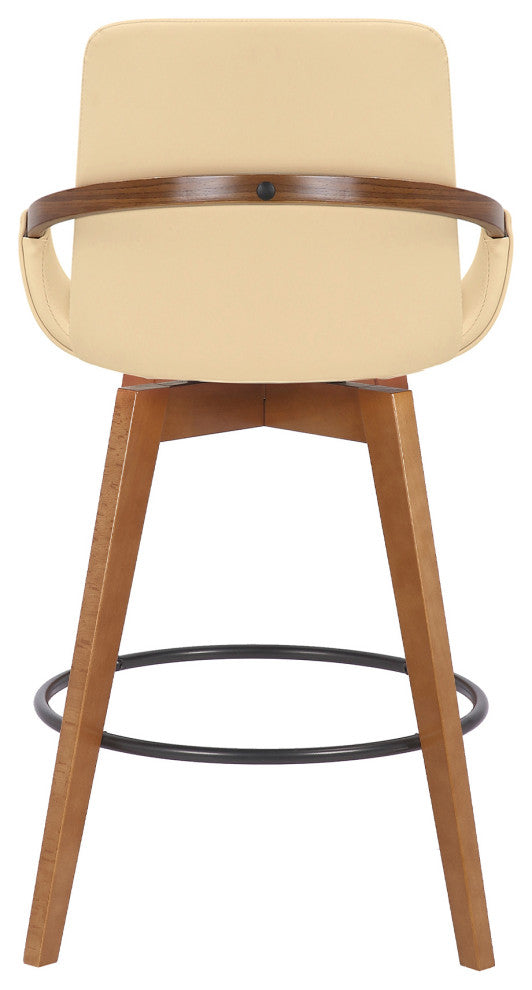 Baylor Swivel Wood Stool, Faux Leather, Cream/Walnut, 26" Counter Height
