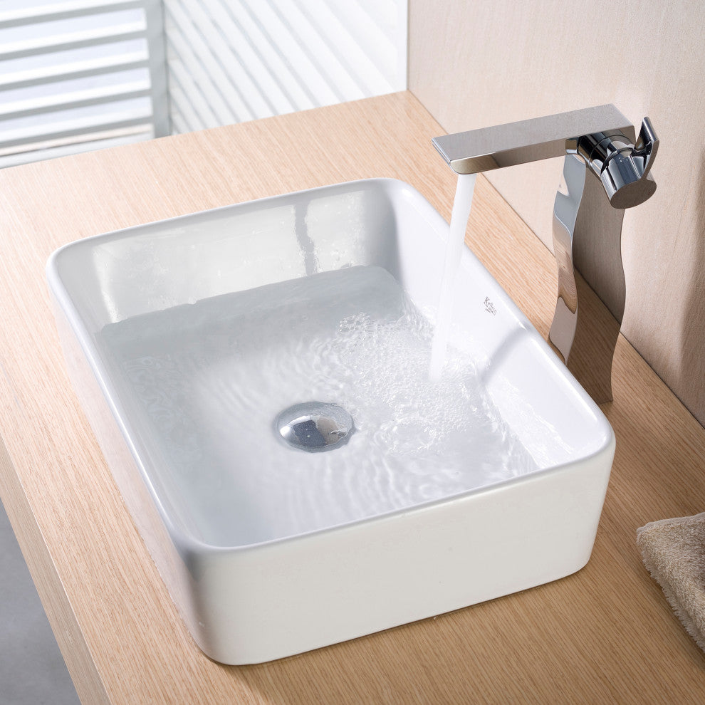 Elavo Ceramic Rectangle Vessel White Sink, PU Drain Chrome