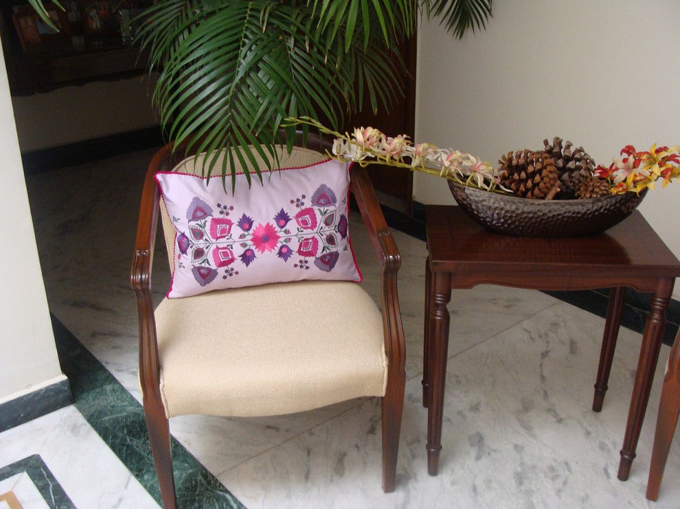 Lumbar Lavender Floral Cotton Decorative Pillow Cover Silk Embroidery  18x18"