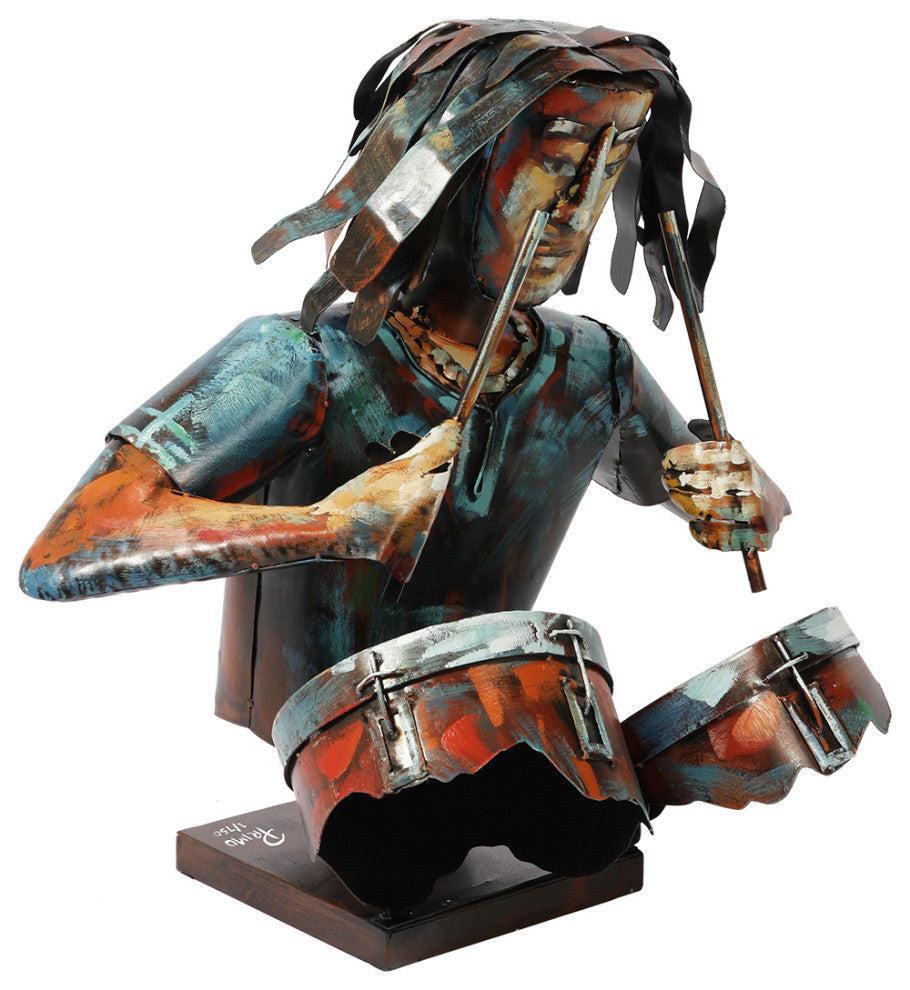 "Homme" Iron Hand-Painted Colorful Art Sculpture, Multi Color, The Drummer