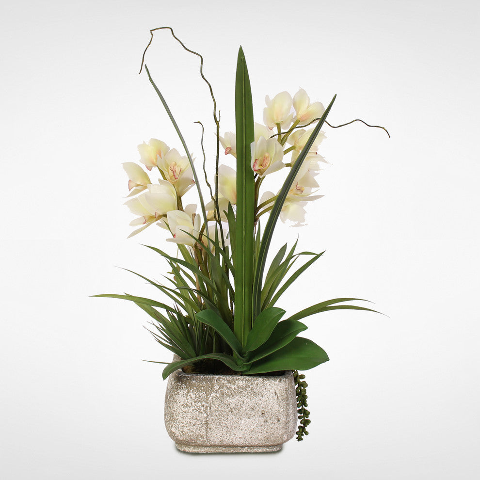 Real Touch White Cymbidium Orchids With Artificial Succulents in Concrete Pot