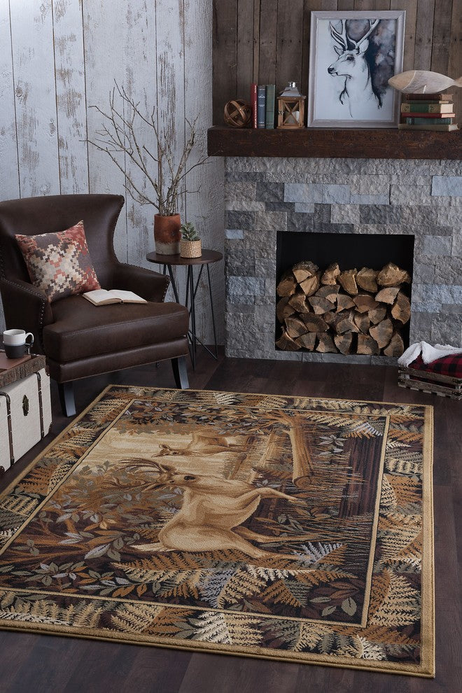 Fern Deer Novelty Lodge Pattern Beige Rectangle Area Rug, 8'x10'