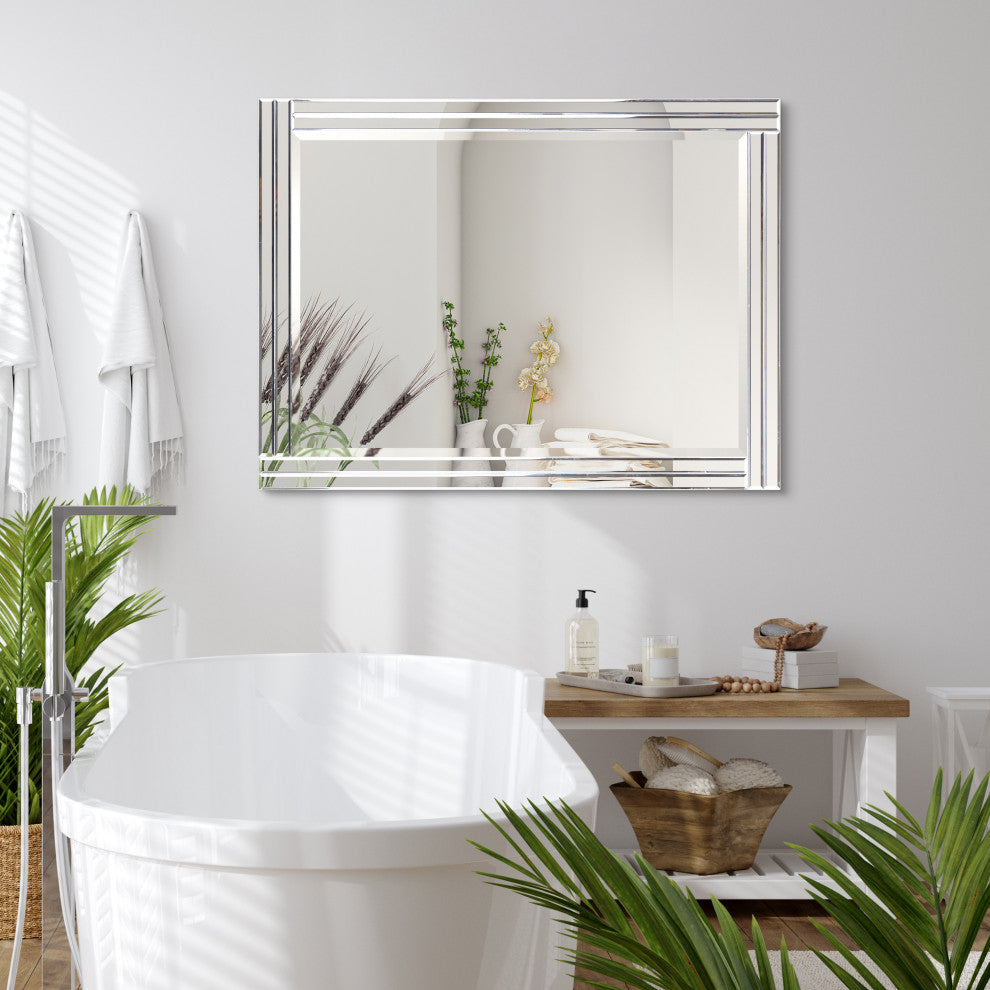 Stepped Beveled Rectangle Wall Mirror, Solid Wood Frame, 1" Center Mirror, 30" X 40"