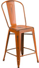 24" High Distressed Orange Metal Indoor-Outdoor Counter Stool With Back