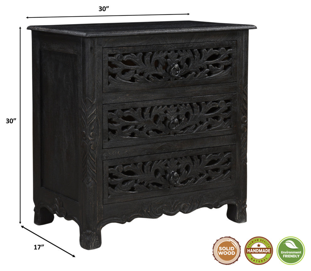 Delaney 3 Drawer Carved Nightstand, Distressed Black
