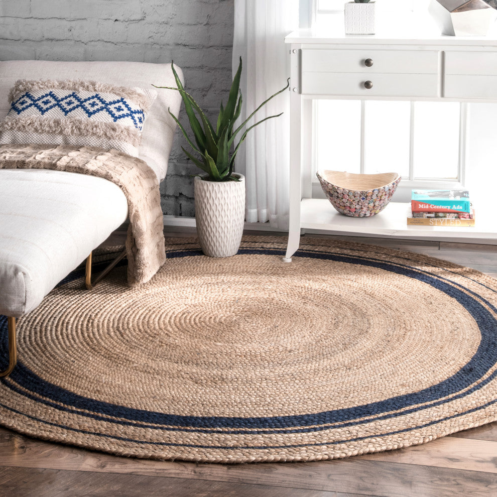 Nuloom Jute Braided Border Area Rug, Navy 6'round