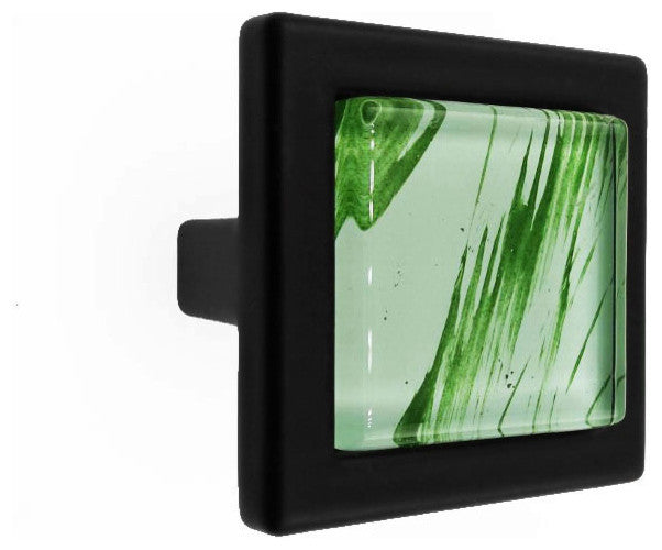 Hand Brushed Random Green Strokes Crystal Glass Black Metal Square Manor Knob