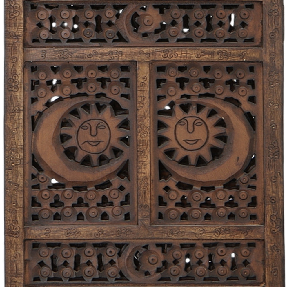 71" 4 Panel Mango Wood Room Divider Hand Carved Sun and Moon Design Brown
