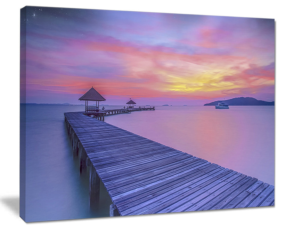 "Long Wooden Bridge Into The Sunset" Sea Pier Wall Art Canvas Print, 20"x12"