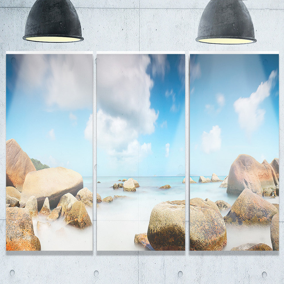"Rocky Blue Seashore Panorama" Metal Wall Landscape, 3 Panels, 36"x28"