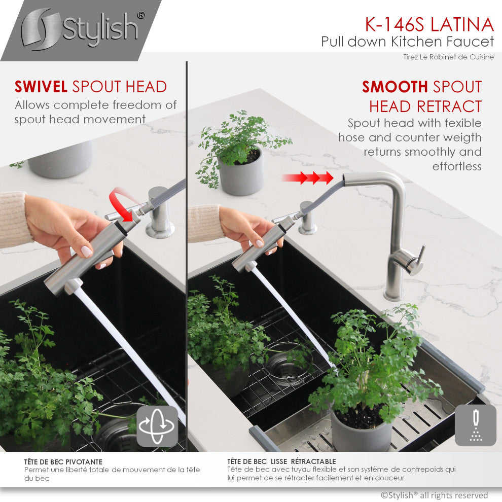 STYLISH Kitchen Sink Faucet Single Handle Pull Down Dual Mode Stainless Steel