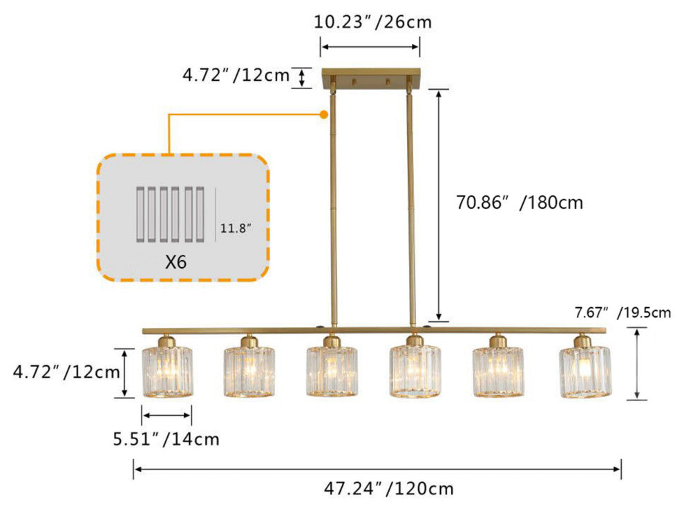 6-Light Linear Kitchen Island Pendant Lighting, Gold