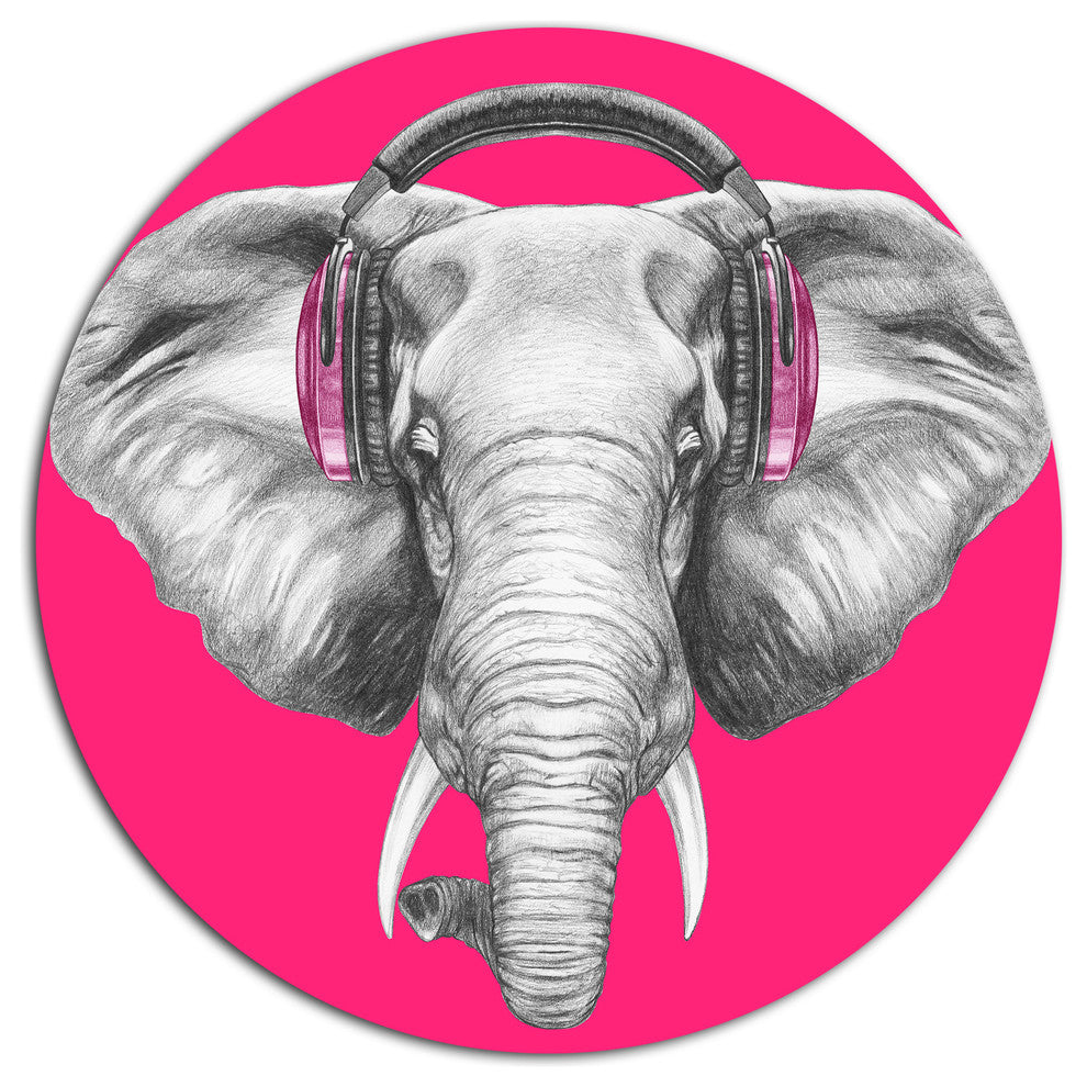 Elephant With Headphones, Animal Art Large Disc Metal Wall Art, 11"