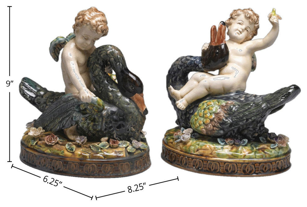 Erhard Ceramic 2-Piece Majolica Cherub With Goose Figurine Set, White