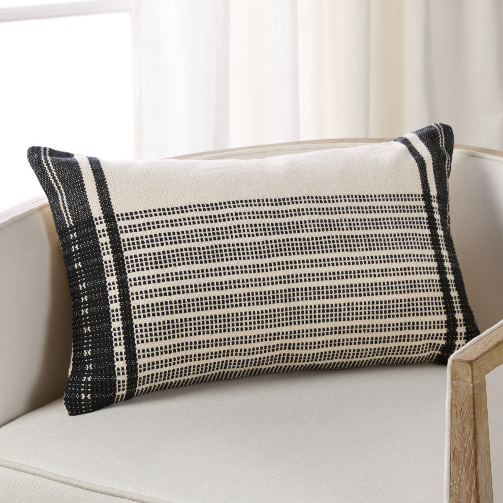 Zita Striped Cream/ Black Down Pillow 13"X21" Lumbar, Down Fill