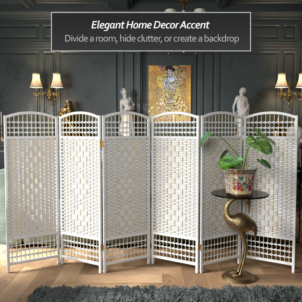 4' Tall Fiber Weave Room Divider, White, 6 Panels
