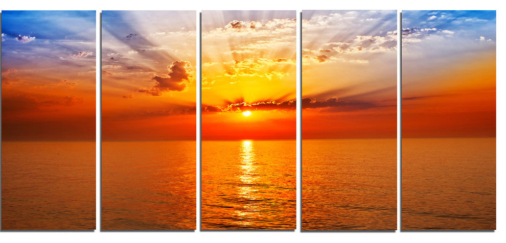 "Orange Sea Sunrise Under Blue Sky" Seashore Wall Art, 60"x28", 5-Panels