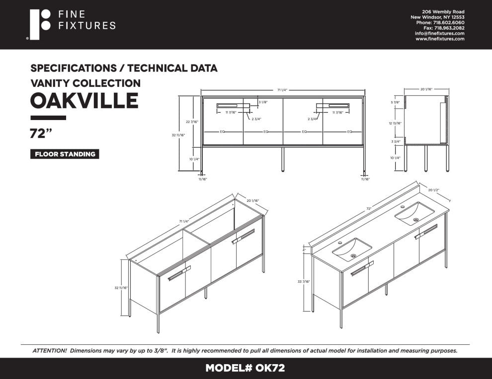 Oakville Bath Vanity, Ceramic Sink, White Matte, 72 Inch, Satin Brass Hardware