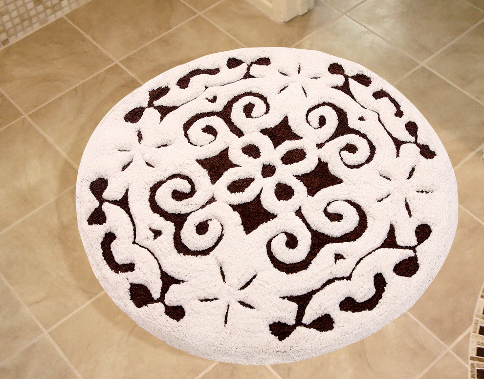 Saffron Fabs Bath Rug, Cotton, 36 Inch Round, 200 GSF, Damask Pattern, Chocolate