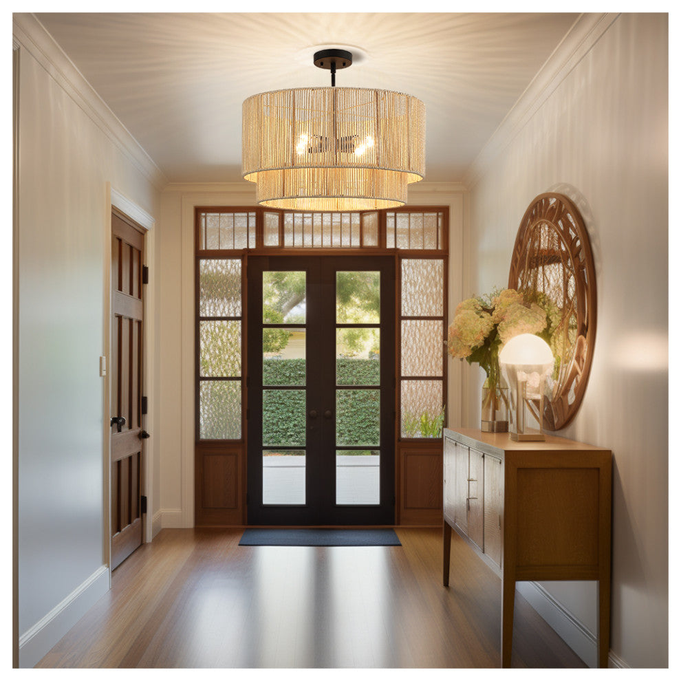 22" W 4-Light Rattan Tiered Drum Chandelier Light With Black Canopy, Beige