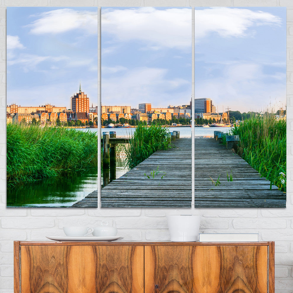 "Wooden Bridge to River Warnow" Art Print Canvas, 3 Panels, 36"x28"
