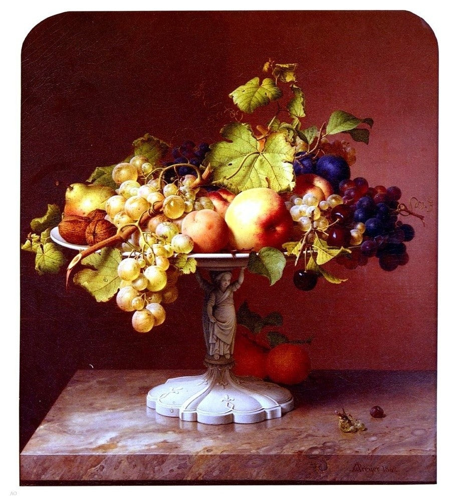 Johann Wilhelm Preyer a Still Life with a Bowl of Fruit on a Marble Table Print