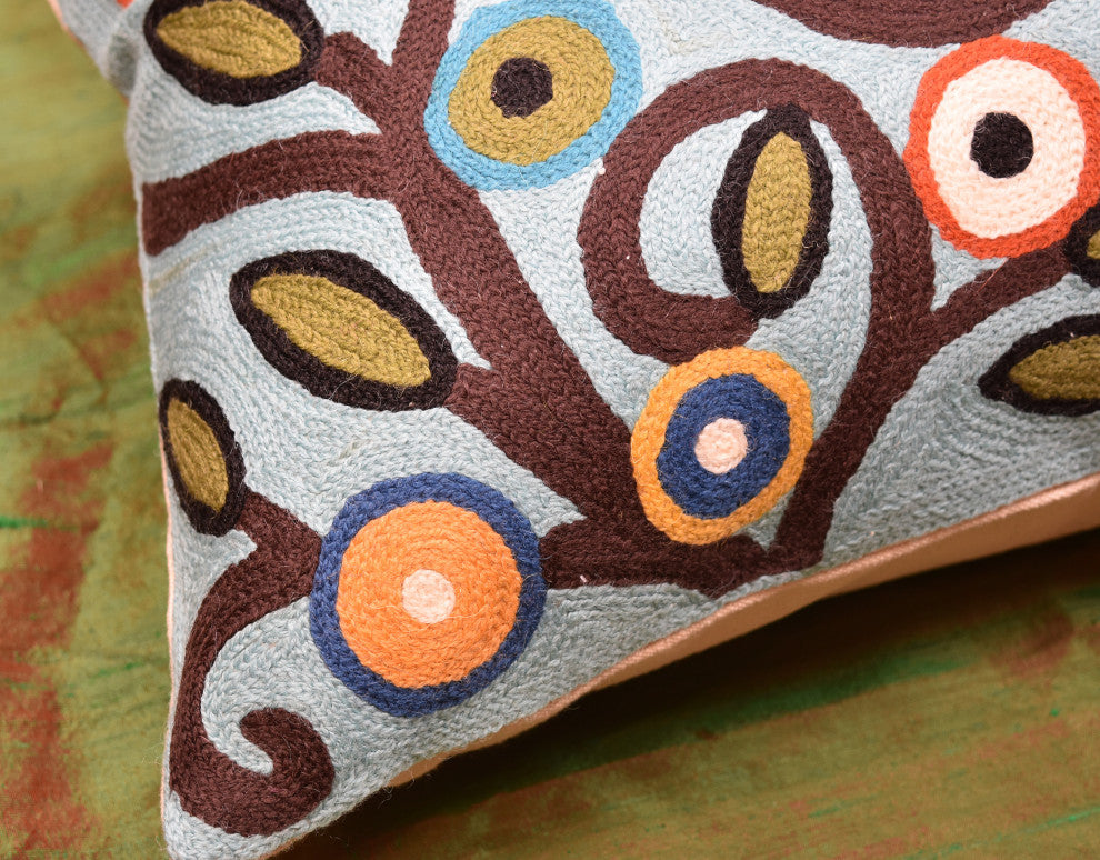 Lumbar Blue Tree Of Life Pillow Cover Birds Accent Pillows Handmade Wool 14x20"