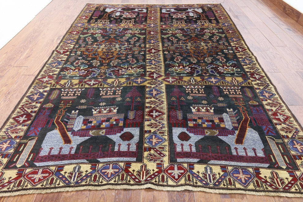 Black Tribal Geometric Afghan Hand-Knotted Wool Rug, 6'x9'