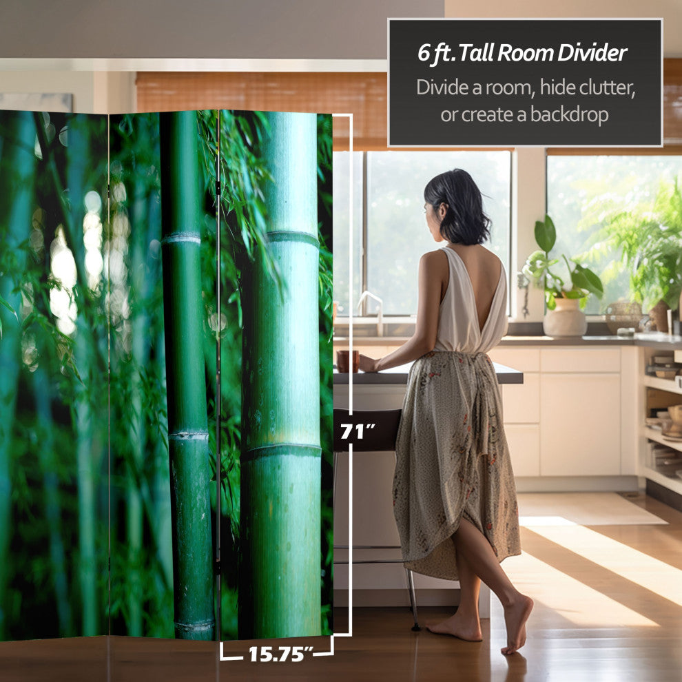 6' Tall Double Sided Bamboo Tree Canvas Room Divider 4 Panel