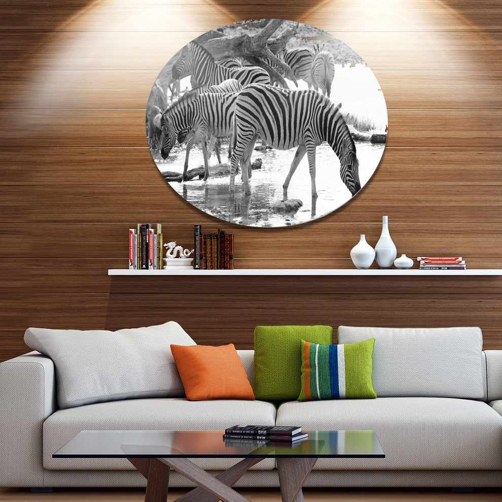 Herd Of Zebra Black And White, African Disc Metal Wall Art, 36"