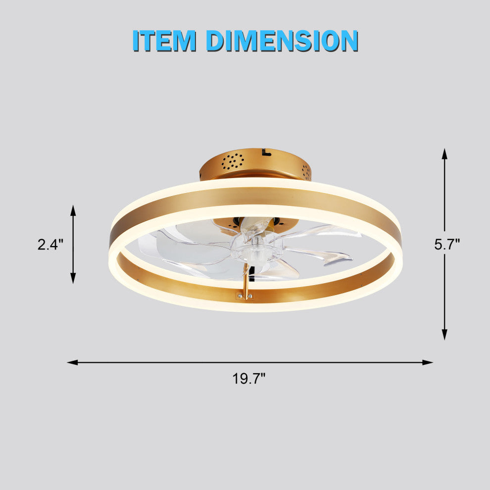 20" Smart App Remote Control Flush Mount Ceiling Fan with Lights for Bedroom, Gold