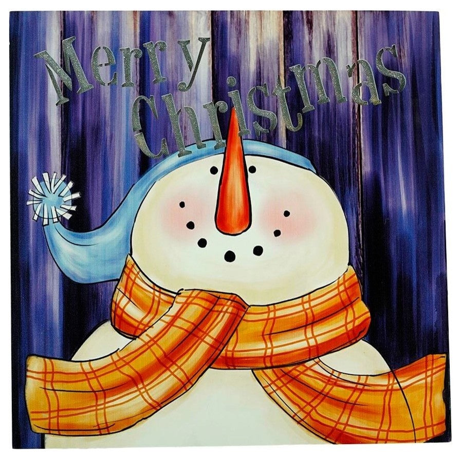 LED Lighted "Merry Christmas" Snowman Christmas Canvas Wall Art 11.75"x11.75"
