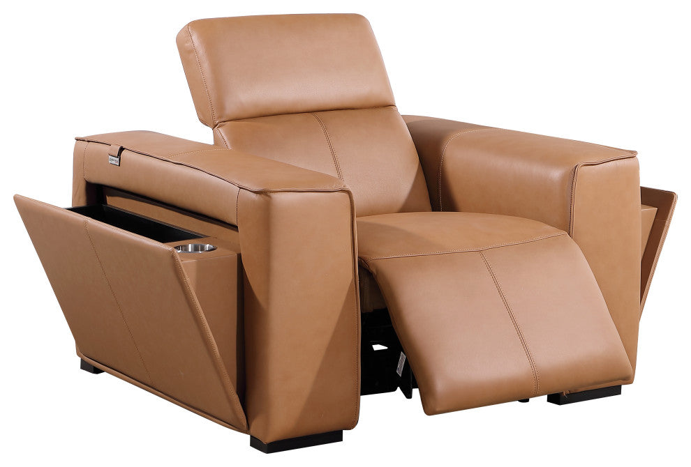 Niccolo Italian Leather Power Reclining Arm Chair With Power Headrests, Cognac
