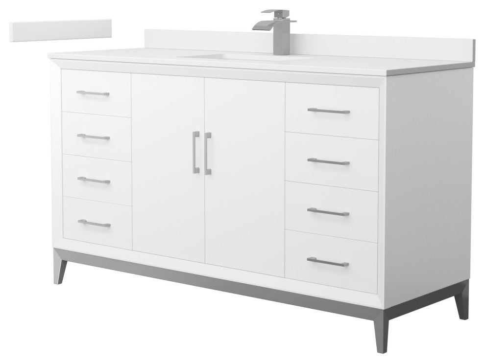 Amici 60" White Single Vanity, White Cultured Marble Top, Brushed Nickel Trim