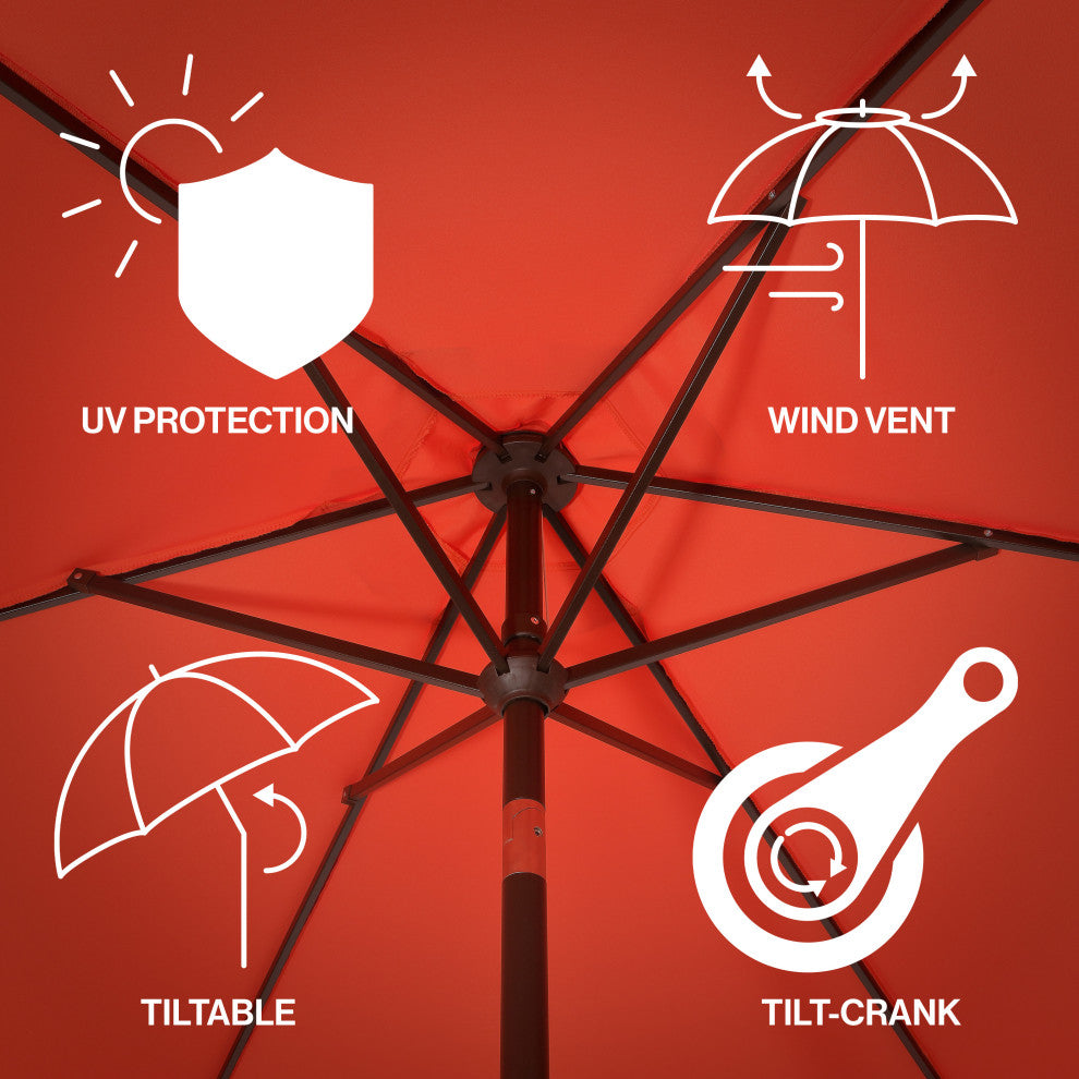 9ft Tassel Patio Umbrella Auto-Tilt, Crank, Red, 107L x 107W x 99H