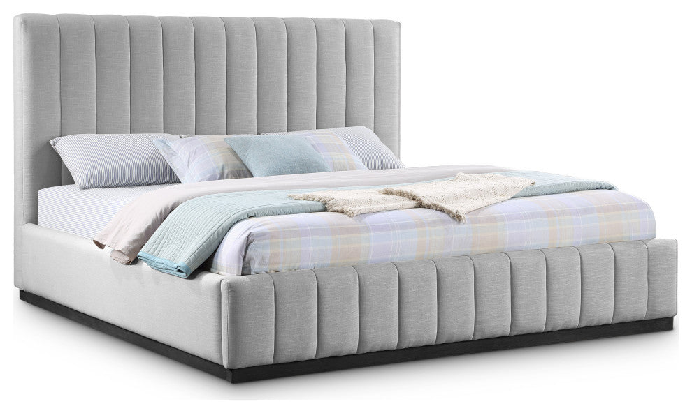 Lucia Beige Linen Textured Fabric Full Bed, Gray, King, Black Finish