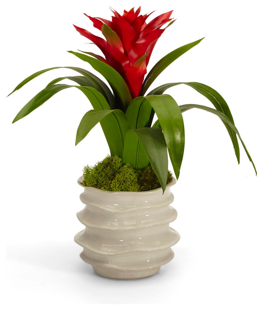Artificial bromeliad in white wavy container - yellow, Red