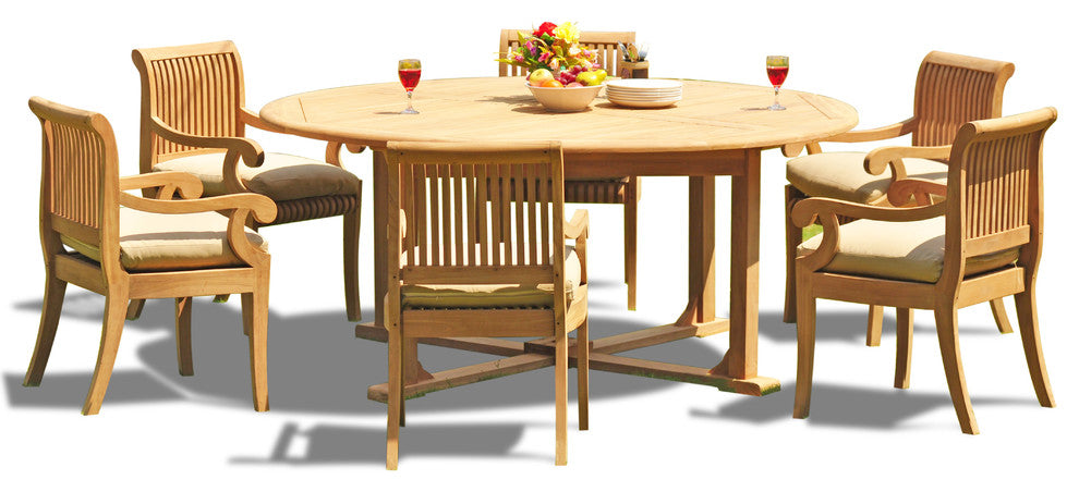 7-Piece Teak Set, 72" Round Table, 6 Giva Chairs, Sunbrella Cushion, Tuscan