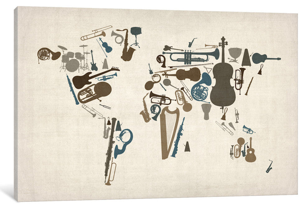 "Musical Instruments Map of the World" by Michael Tompsett, 18x12x1.5"