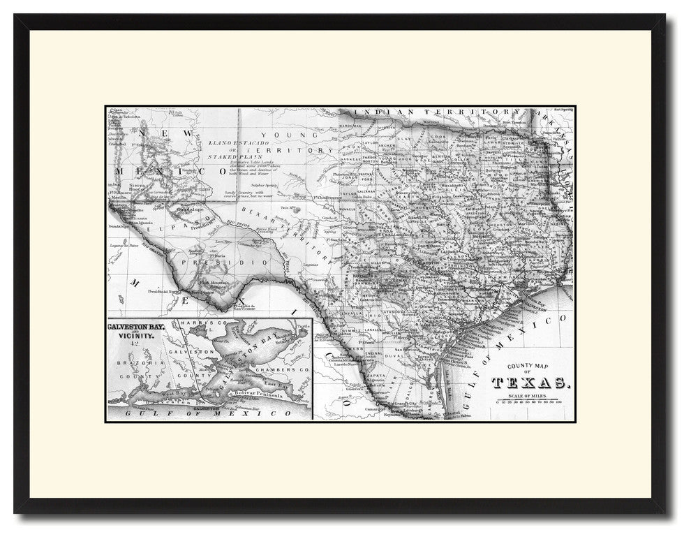 Texas Vintage B&W Map Canvas Print, 16"x21"