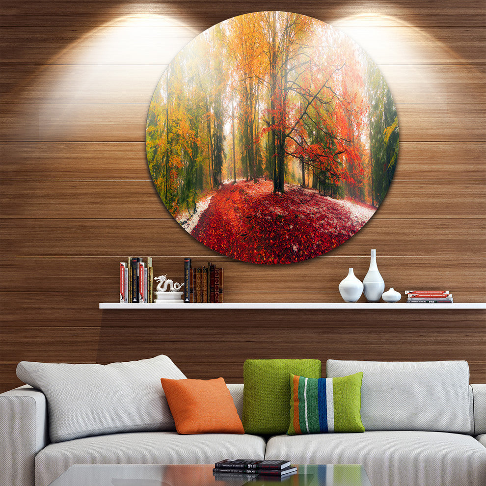 Alpine Forest After Snowfall, Landscape Photo Round Metal Wall Art, 38"