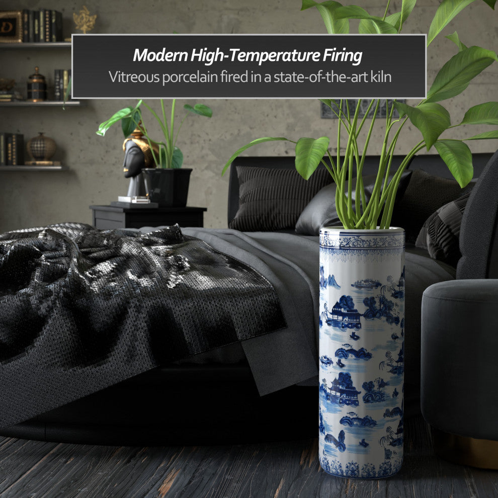 24" Landscape Blue and White Porcelain Umbrella Stand