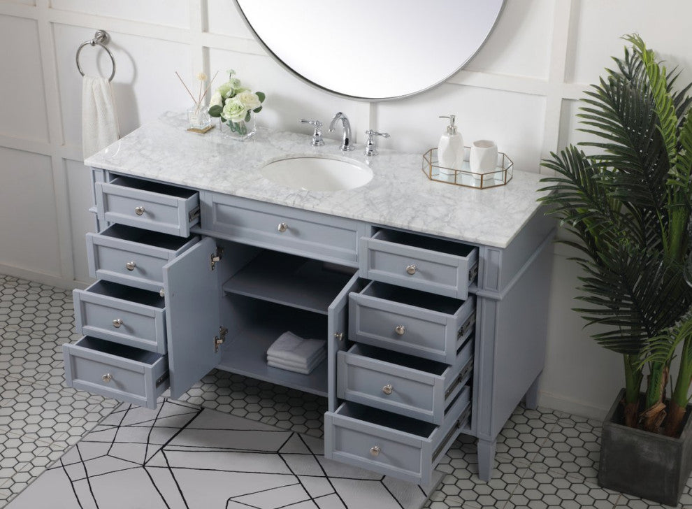 Home Living Vanity with Carrara White Marble Countertop, Gray, 60", Single Sink